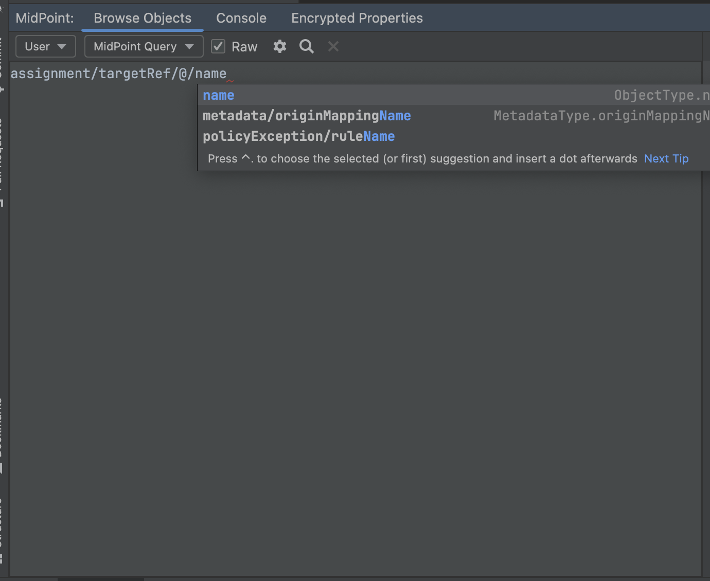 code completions for Item Path