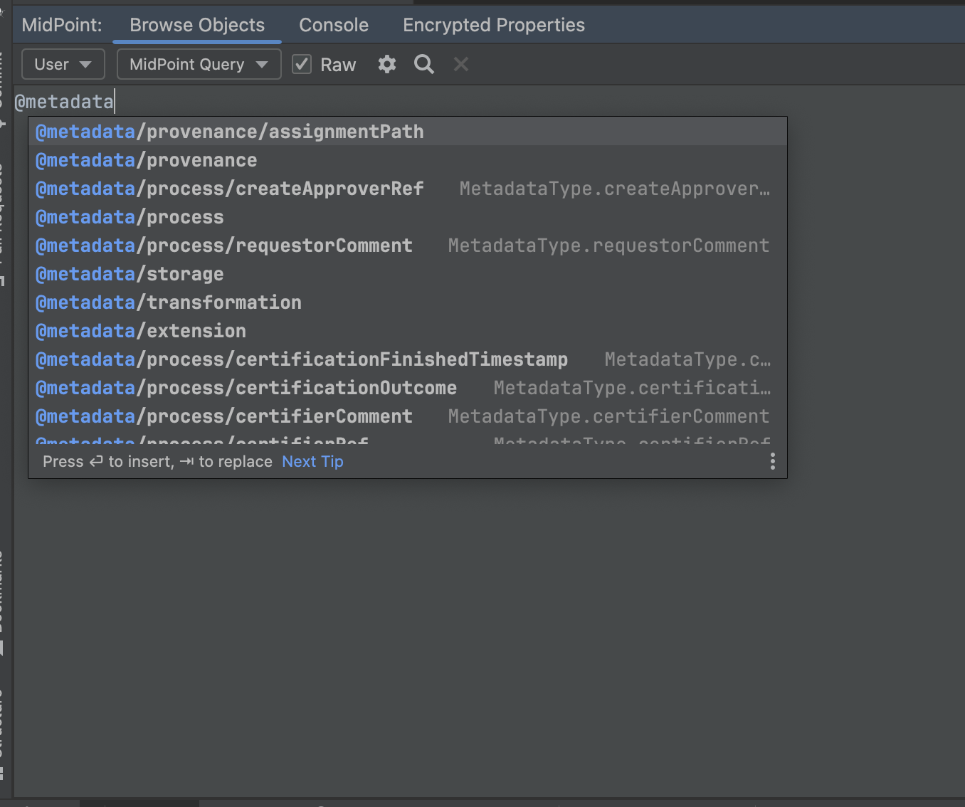code completions for Item Path