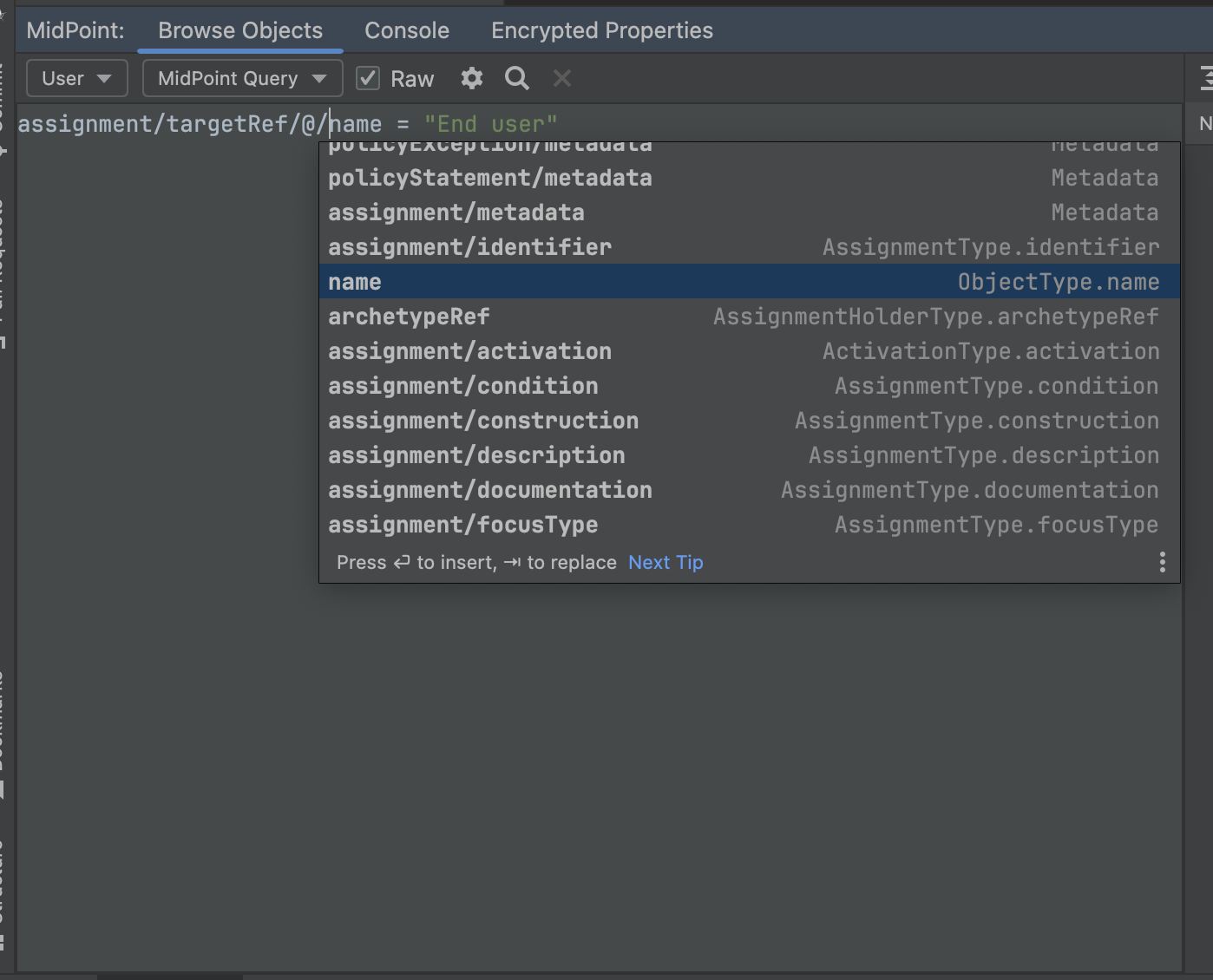 code completions for Item Path