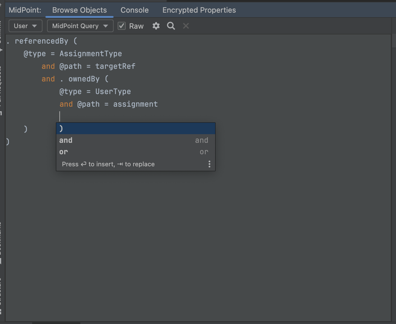 code completions for logical filter